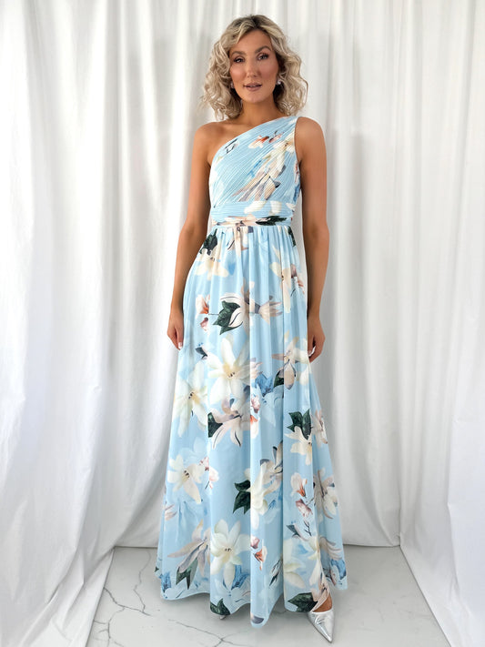 Ashley Maxi Dress with Draped One Shoulder Top - Light Blue