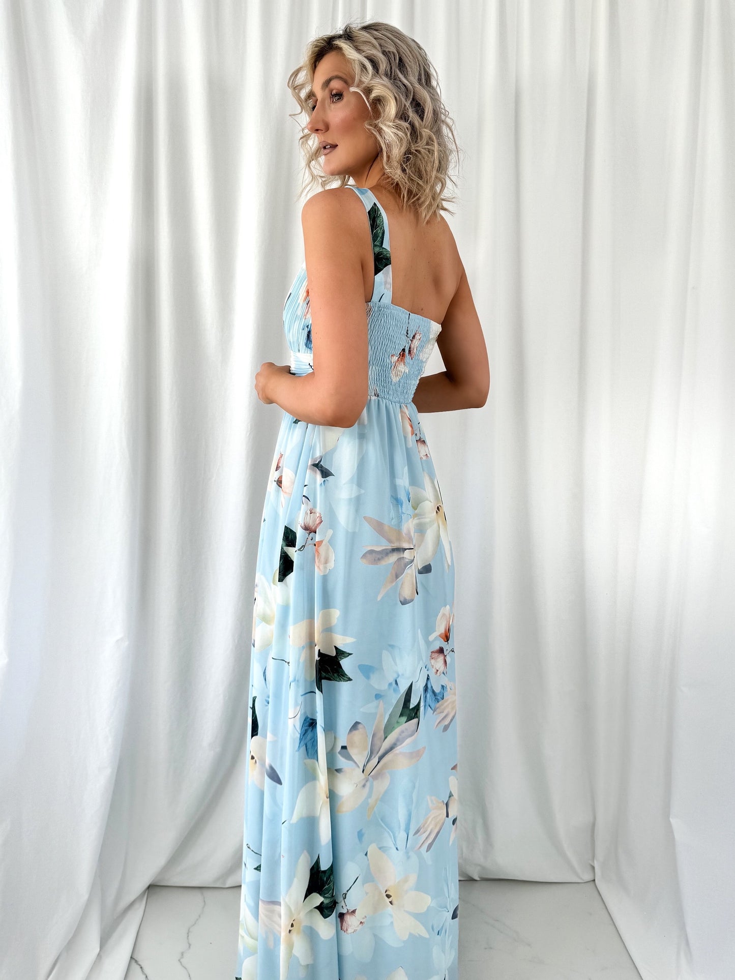 Ashley Maxi Dress with Draped One Shoulder Top - Light Blue