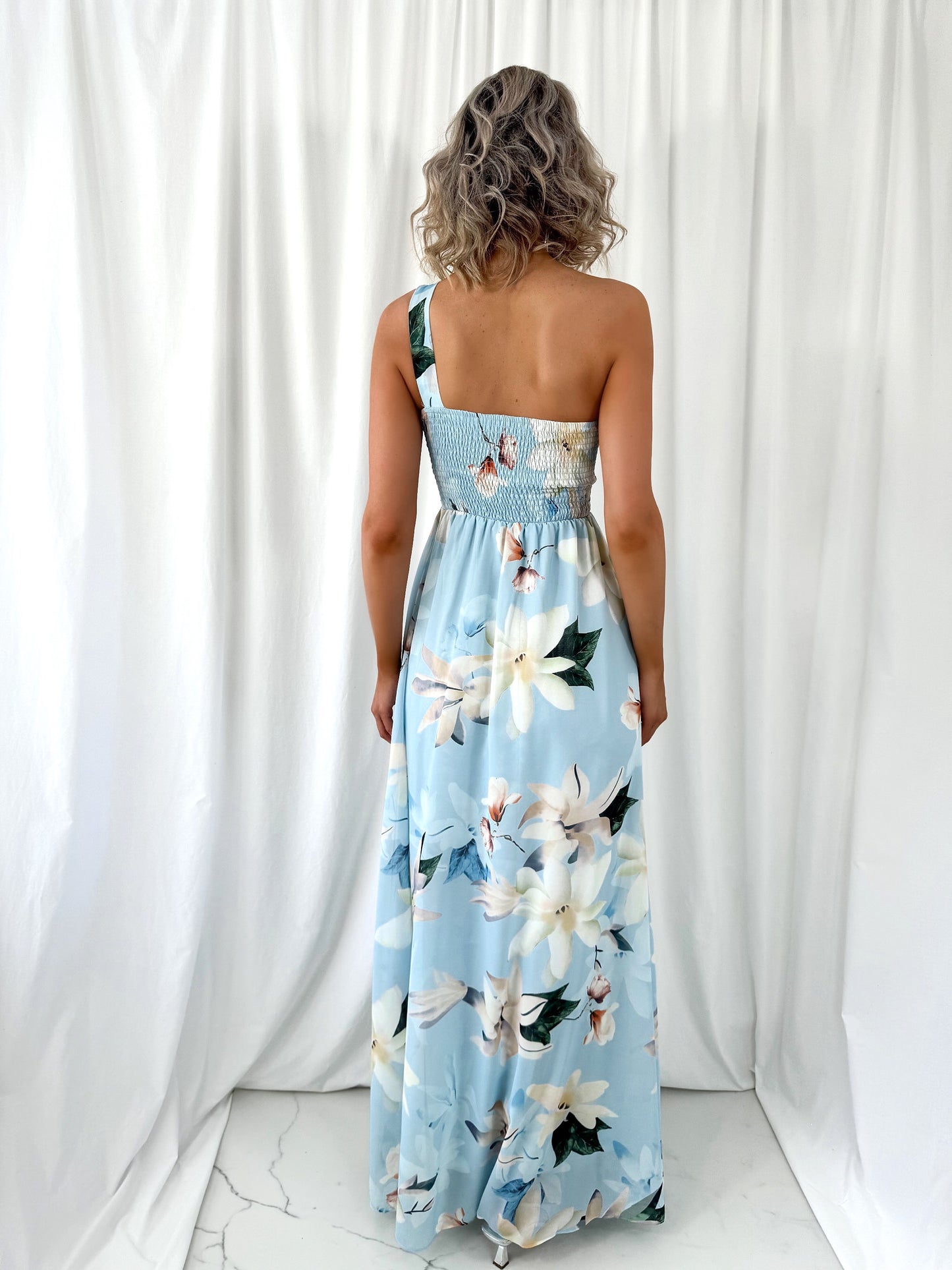 Ashley Maxi Dress with Draped One Shoulder Top - Light Blue