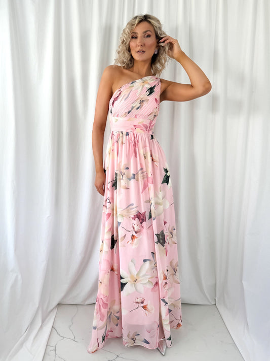 Ashley Maxi Dress with Draped One Shoulder Top - Pink