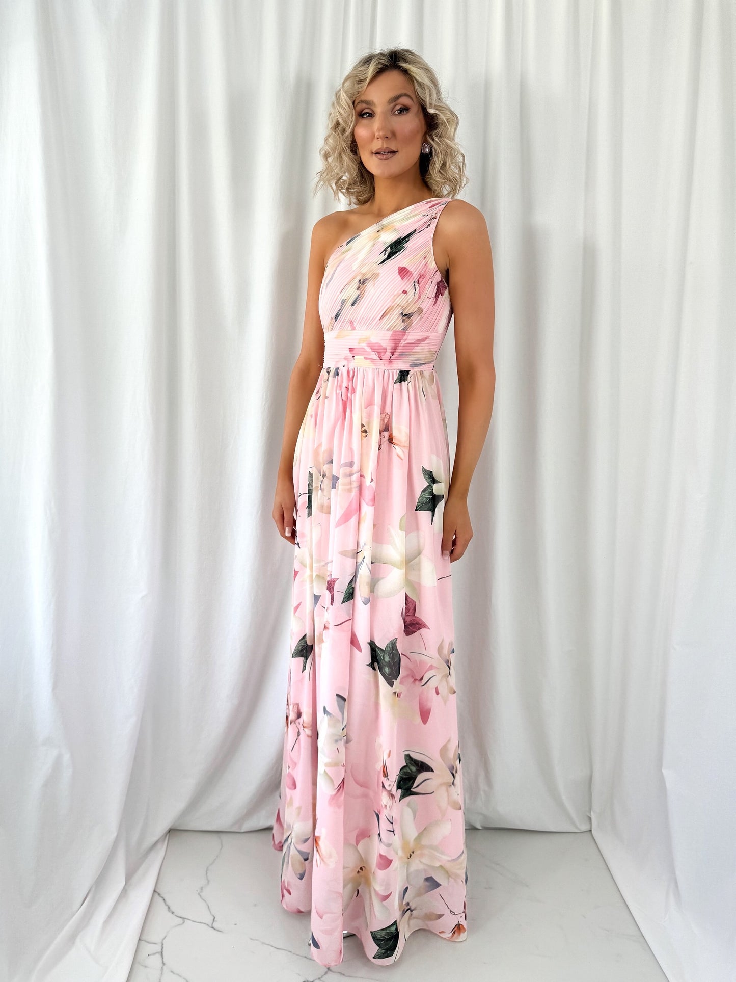 Ashley Maxi Dress with Draped One Shoulder Top - Pink