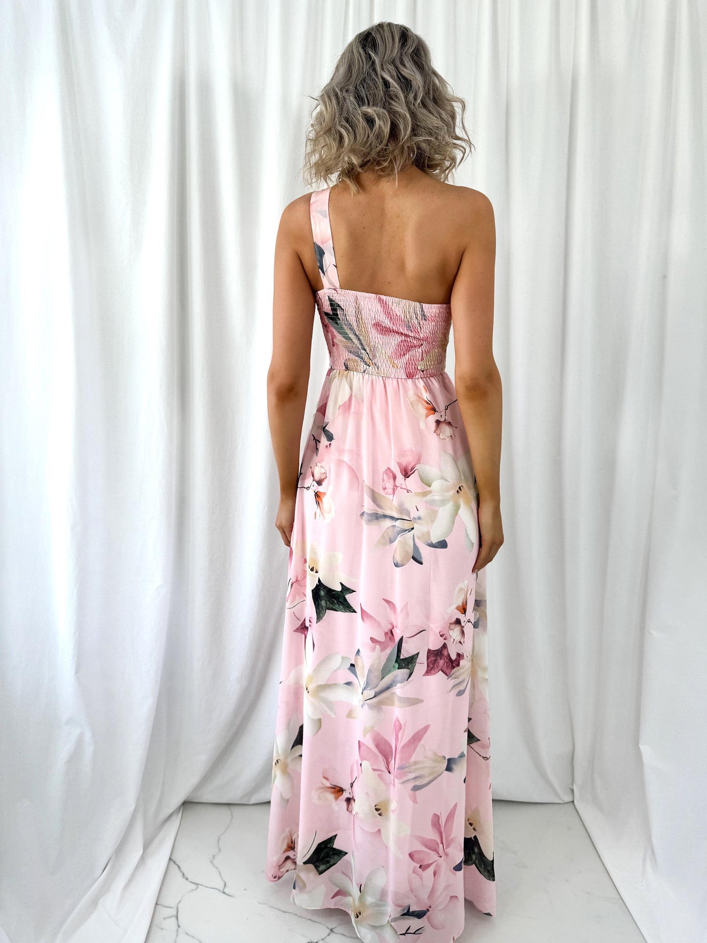 Ashley Maxi Dress with Draped One Shoulder Top - Pink