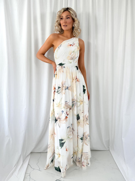 Ashley Maxi Dress with Draped One Shoulder Top - White