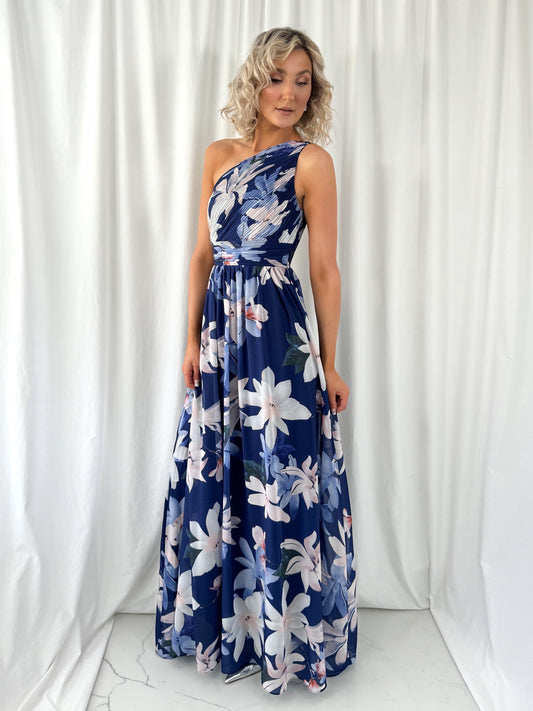 Ashley Maxi Dress with Draped One Shoulder Top - Navy