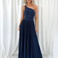 Coraly Bright Pleated Maxi Dress with Draped One Shoulder Top - Navy