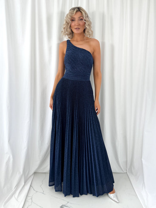 Coraly Bright Pleated Maxi Dress with Draped One Shoulder Top - Navy