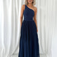 Coraly Bright Pleated Maxi Dress with Draped One Shoulder Top - Navy