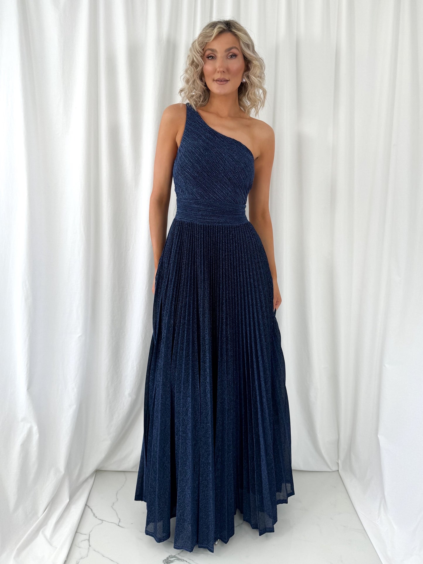 Coraly Bright Pleated Maxi Dress with Draped One Shoulder Top - Navy