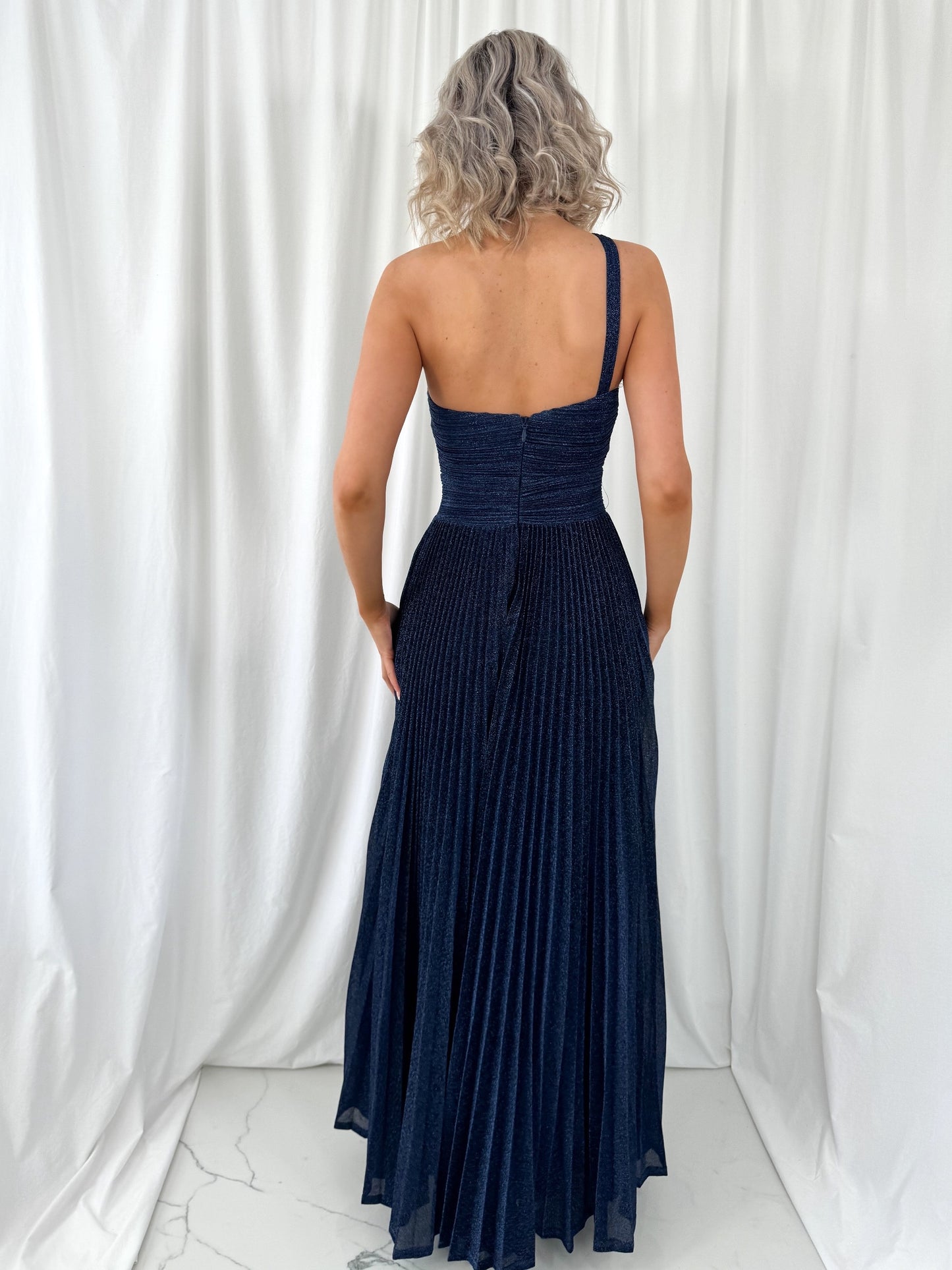 Coraly Bright Pleated Maxi Dress with Draped One Shoulder Top - Navy