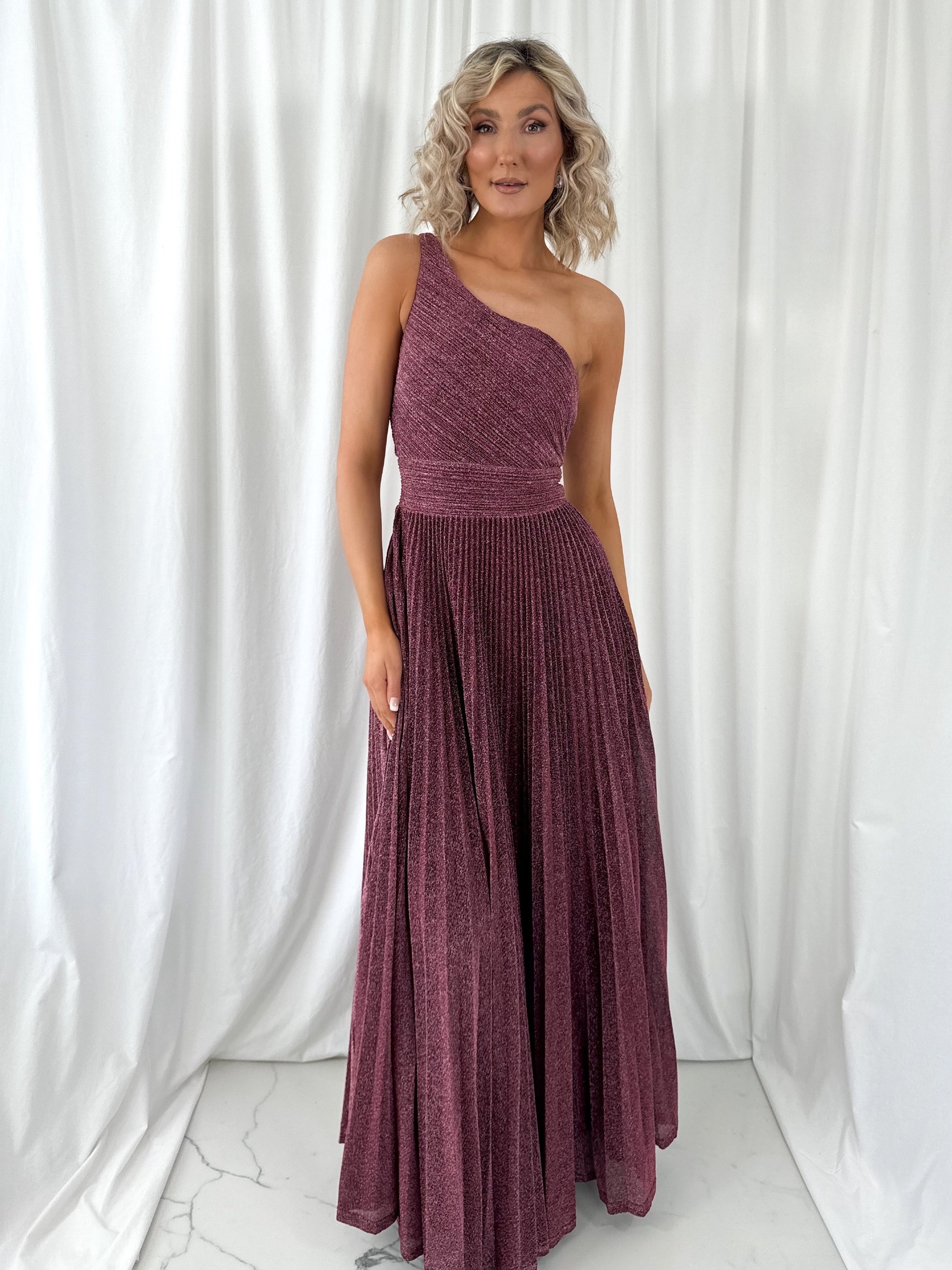 Coraly Bright Pleated Maxi Dress with Draped One Shoulder Top - Burgun mykindofdress Coraly Bright Pleated Maxi Dress with Draped One Shoulder Top - Burgun mykindofdress