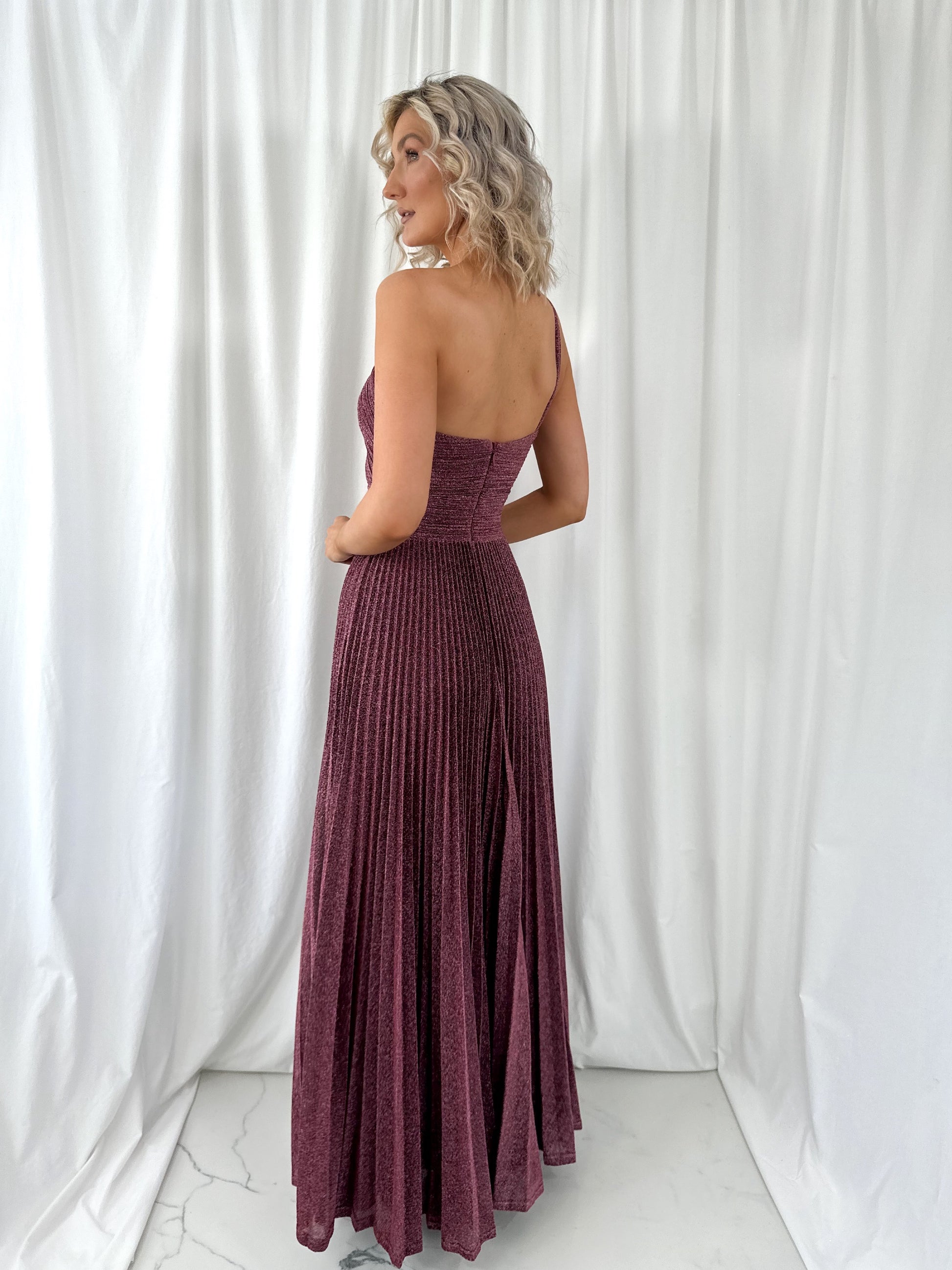 Coraly Bright Pleated Maxi Dress with Draped One Shoulder Top - Burgun mykindofdress Coraly Bright Pleated Maxi Dress with Draped One Shoulder Top - Burgun mykindofdress