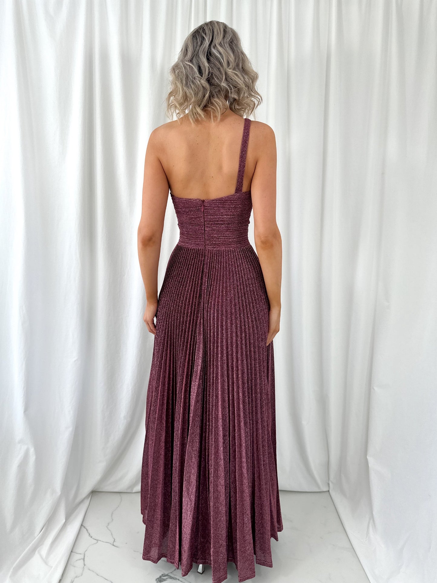 Coraly Bright Pleated Maxi Dress with Draped One Shoulder Top - Burgundy