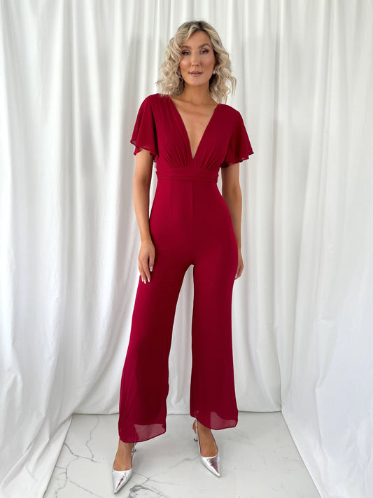 Alina Jumpsuit with Short Sleeves - Cherry