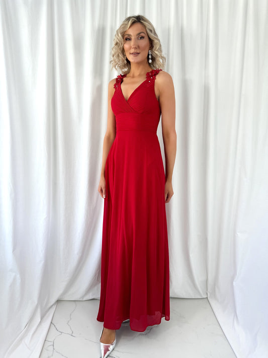 Cheryl Maxi Dress with Flowers Over The Shoulder - Red