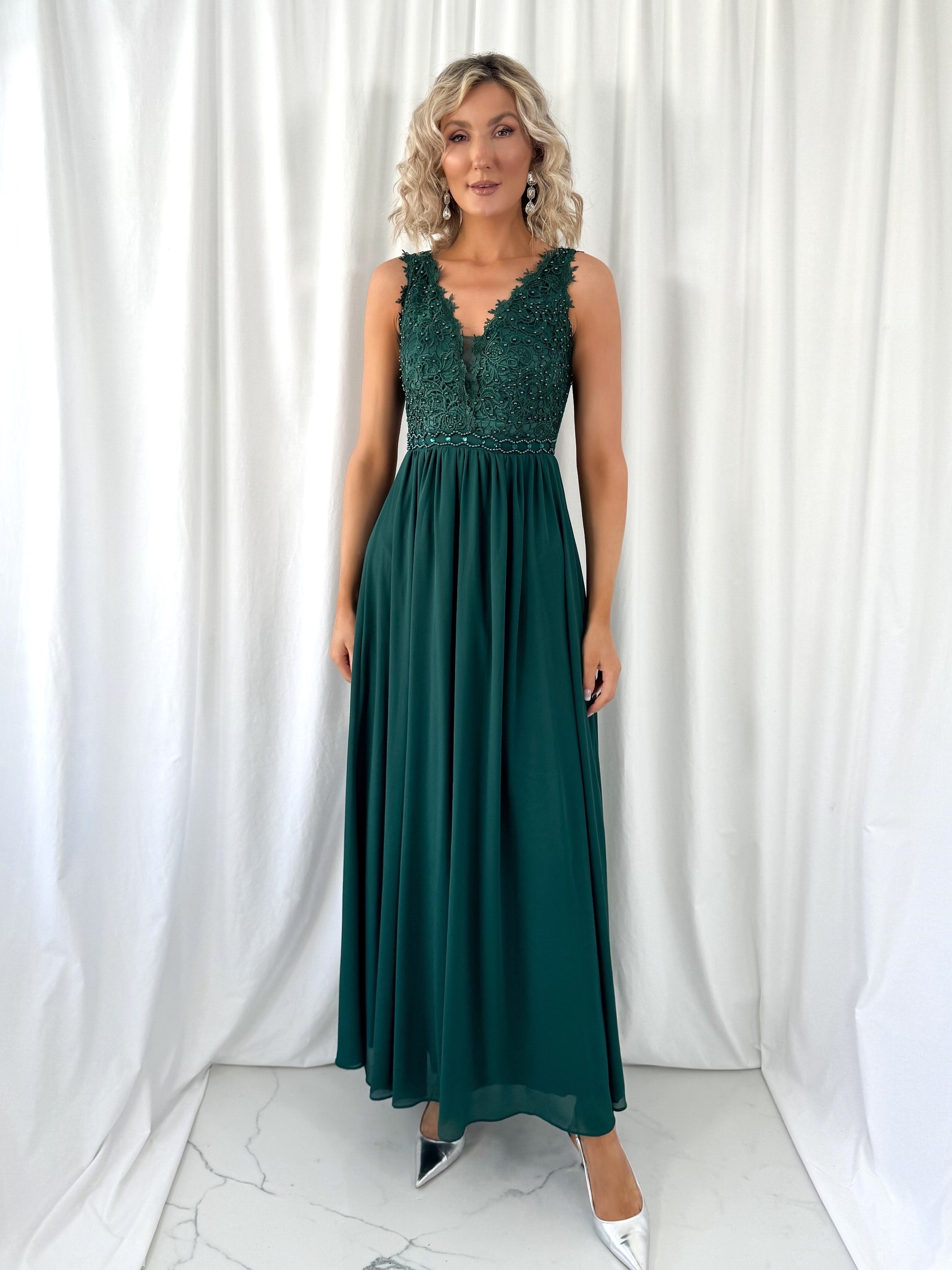 Laetitia Maxi Dress with Embroidered Top - Dark Green Laetitia Maxi Dress with Embroidered Top - Dark Green
