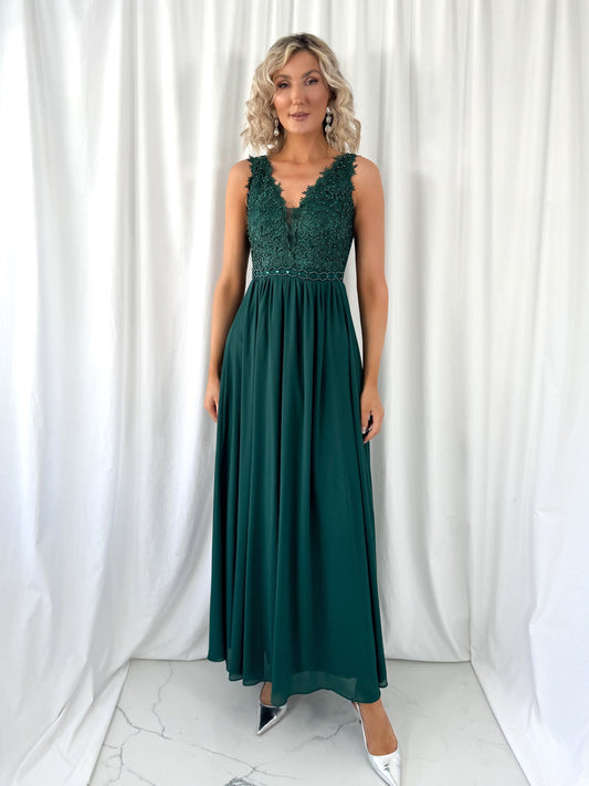 Laetitia Maxi Dress with Embroidered Top - Dark Green
