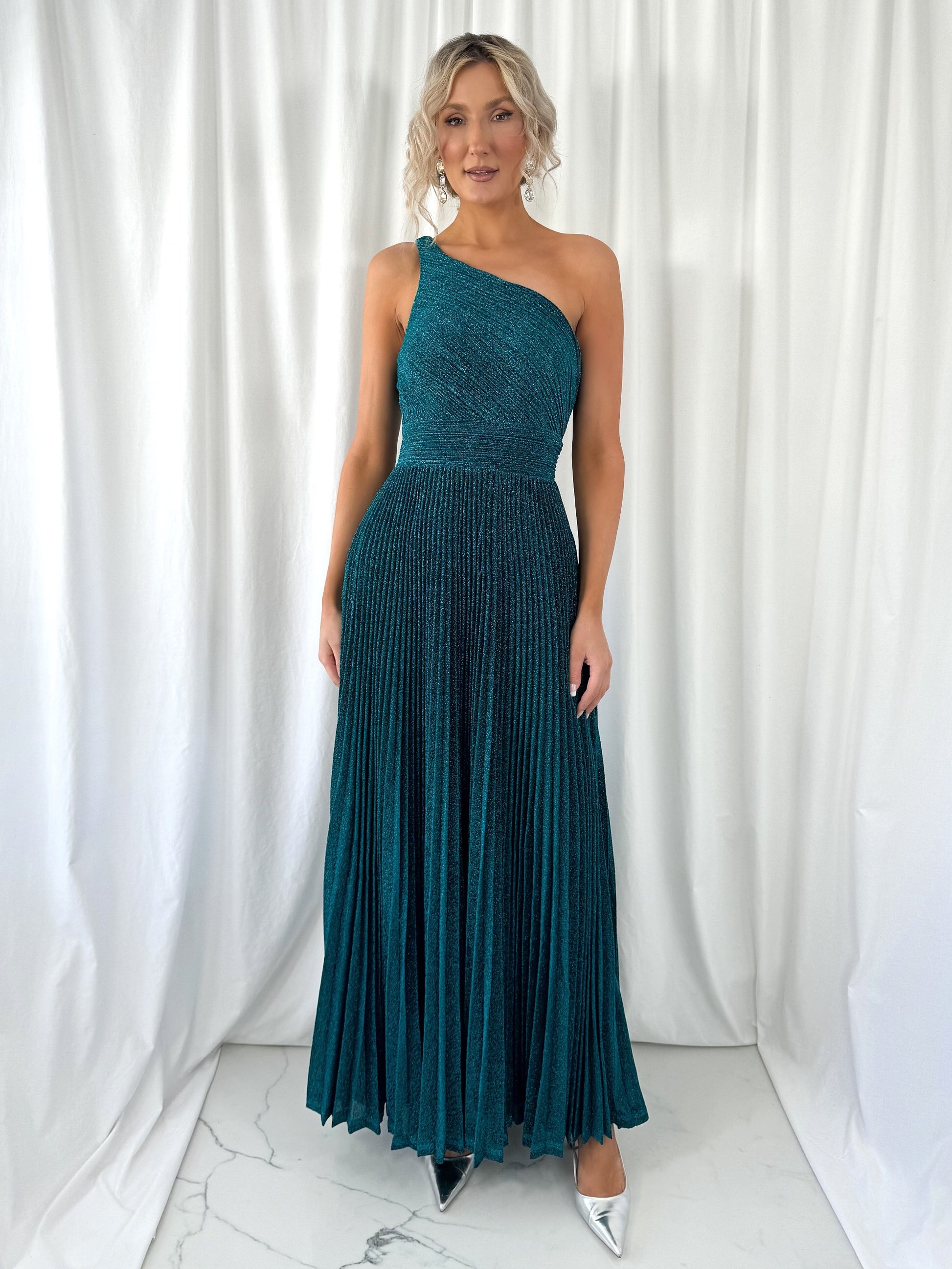 Coraly Bright Pleated Maxi Dress with Draped One Shoulder Top - Green Coraly Bright Pleated Maxi Dress with Draped One Shoulder Top - Green