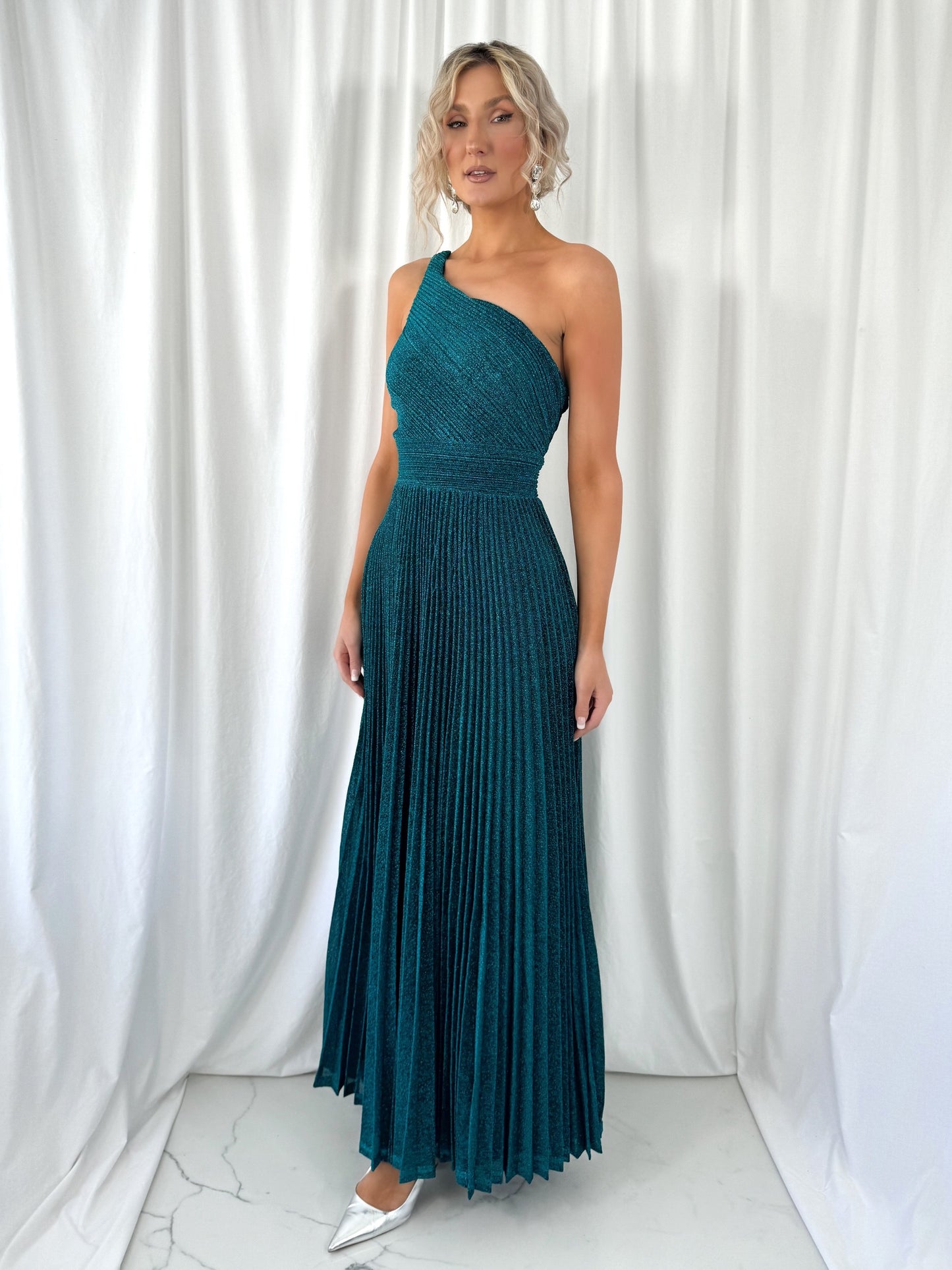 Coraly Bright Pleated Maxi Dress with Draped One Shoulder Top - Green