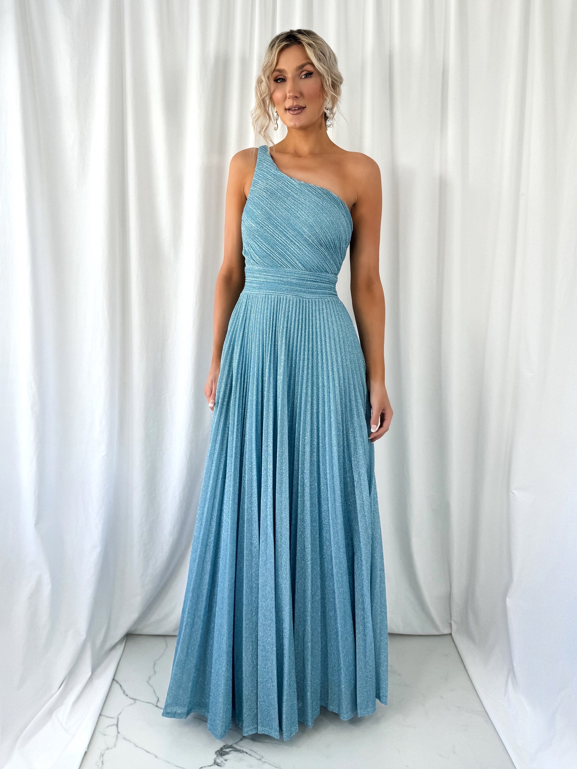 Coraly Bright Pleated Maxi Dress with Draped One Shoulder Top Light Blue