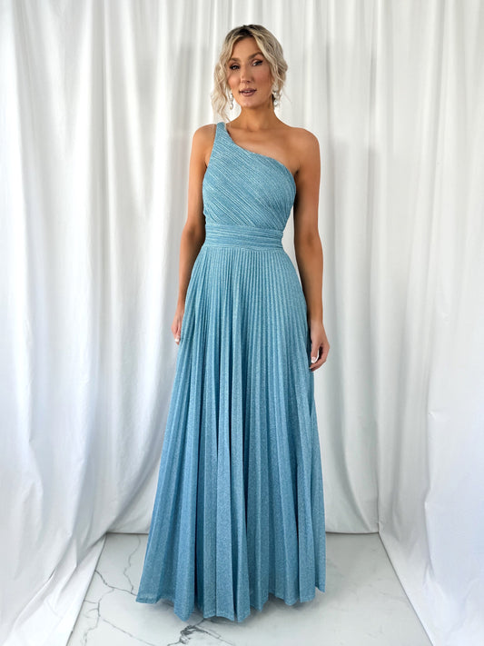 Coraly Bright Pleated Maxi Dress with Draped One Shoulder Top - Light Blue