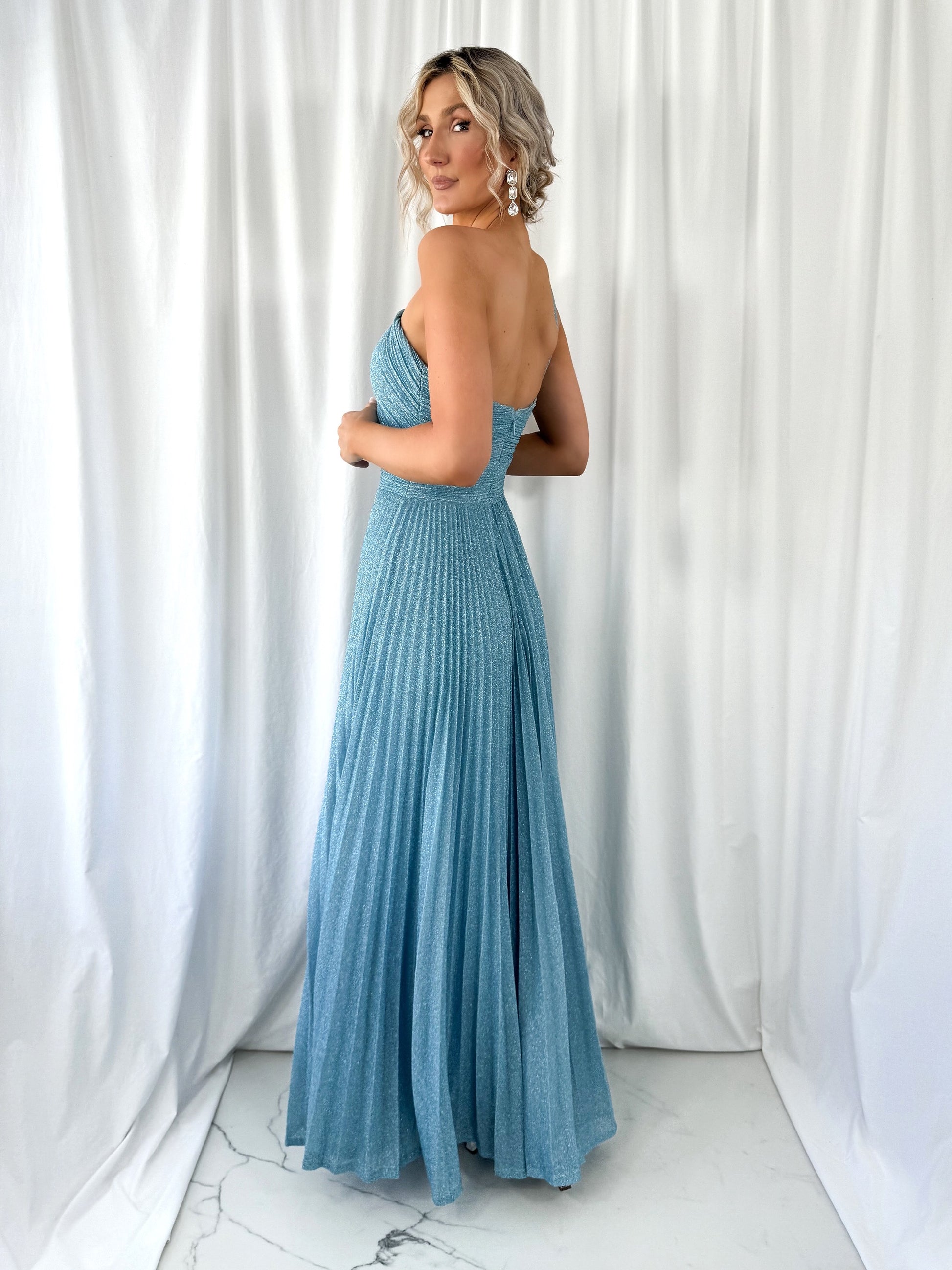 Coraly Bright Pleated Maxi Dress with Draped One Shoulder Top - Light mykindofdress Coraly Bright Pleated Maxi Dress with Draped One Shoulder Top - Light mykindofdress