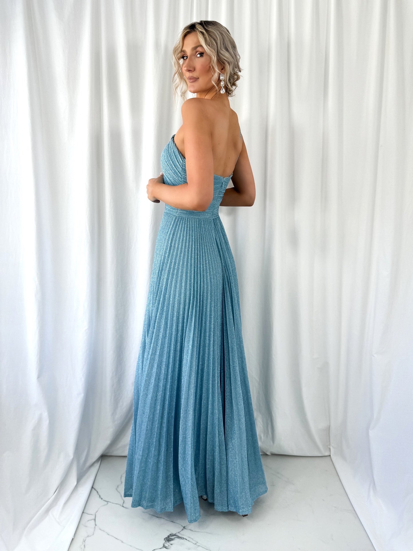 Coraly Bright Pleated Maxi Dress with Draped One Shoulder Top - Light Blue