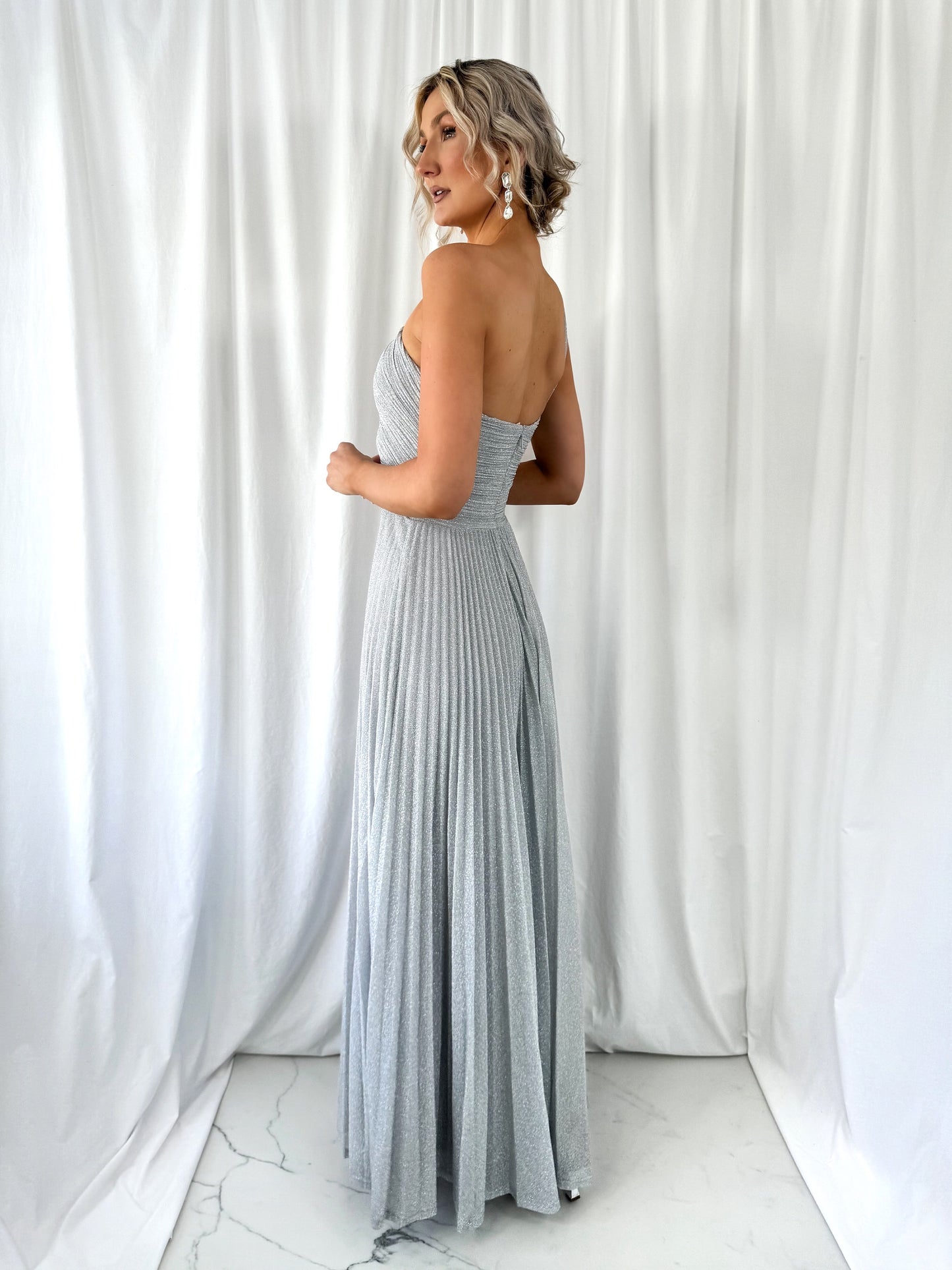 Coraly Bright Pleated Maxi Dress with Draped One Shoulder Top - Silver