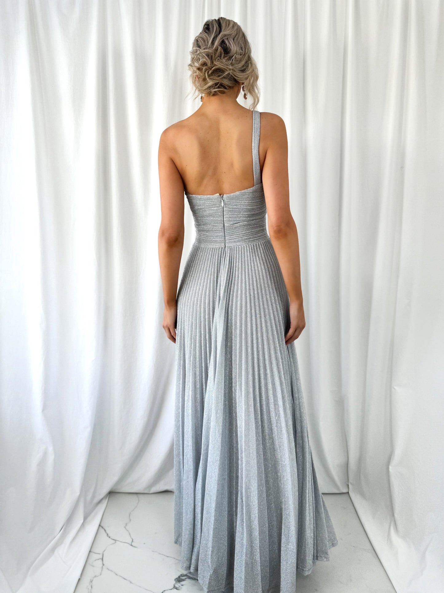 Coraly Bright Pleated Maxi Dress with Draped One Shoulder Top - Silver