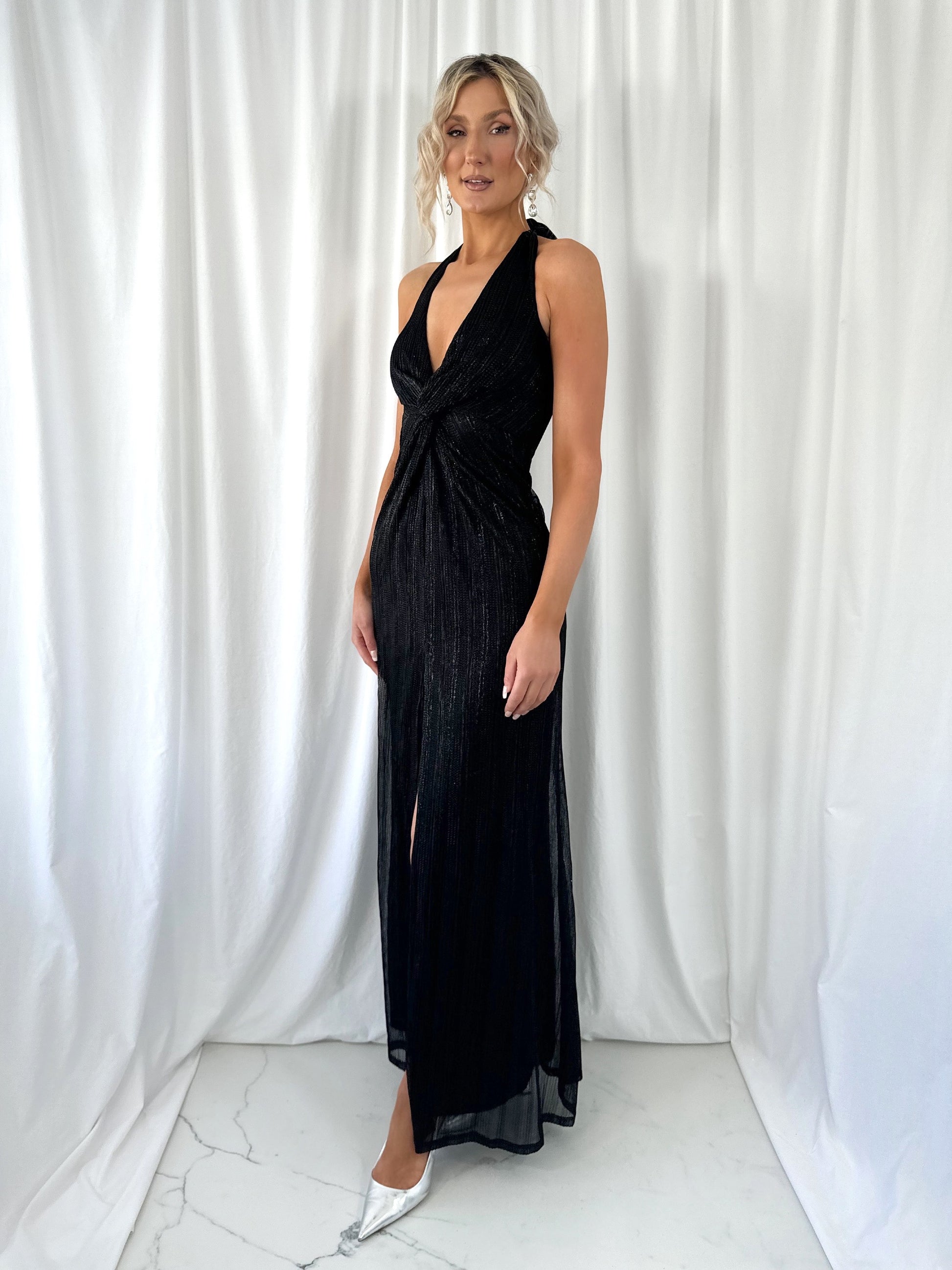 Christine Halter Neck Maxi Dress with Front Open Slit - Black mykindofdress Christine Halter Neck Maxi Dress with Front Open Slit - Black mykindofdress
