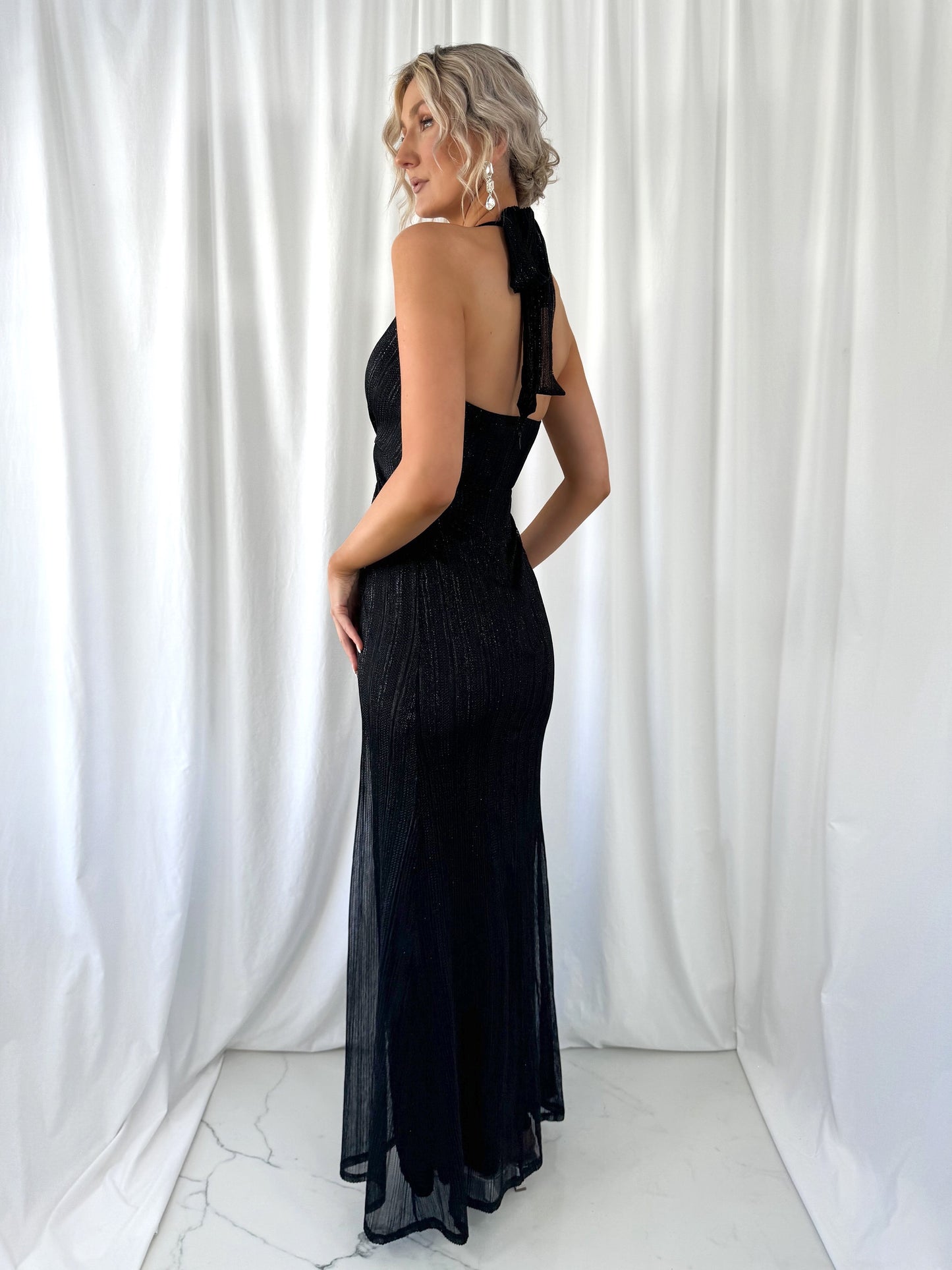 Christine Halter Neck Maxi Dress with Front Open Slit - Black