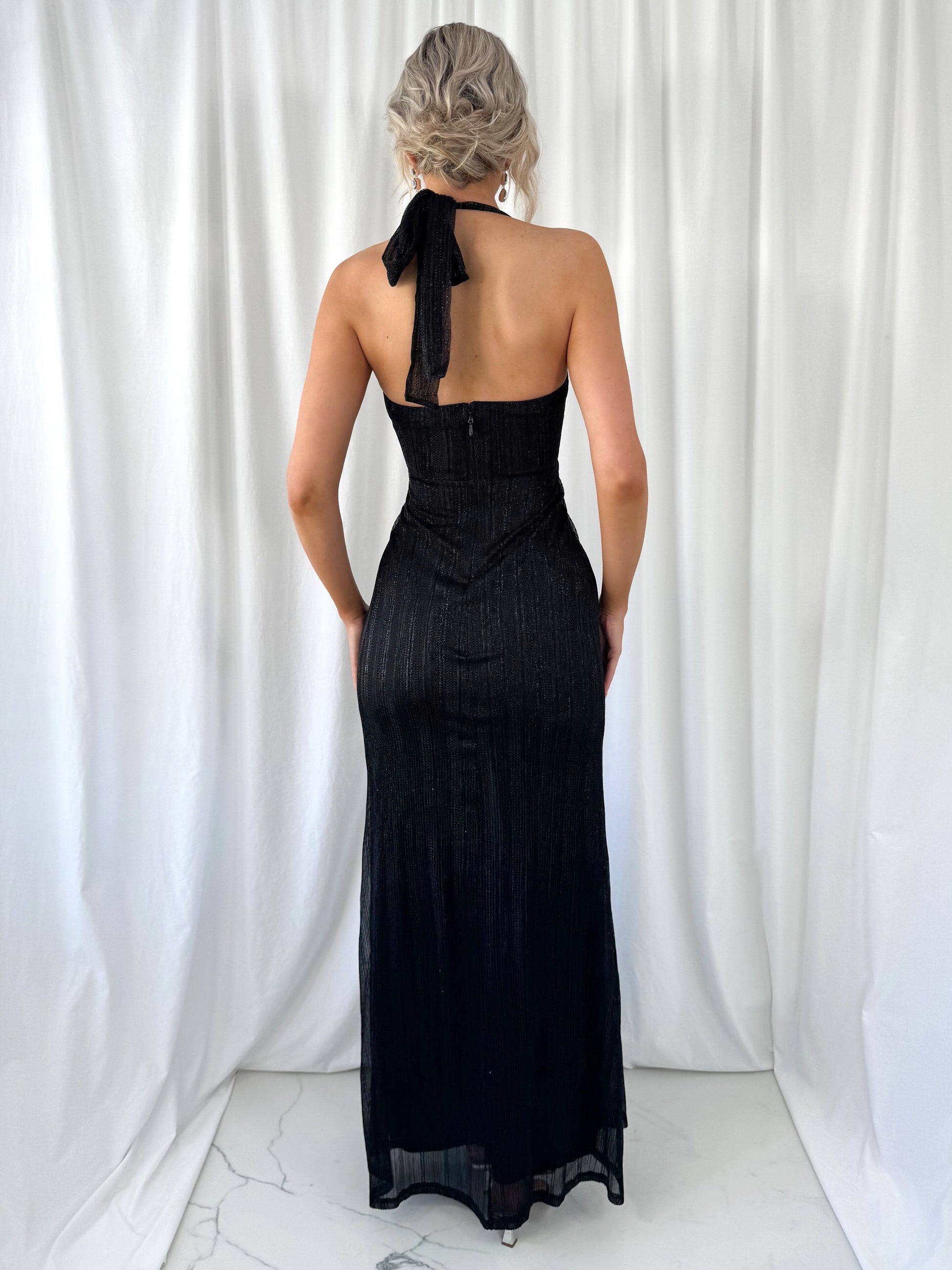 black slit halter dress maxi Black Halter Crisscross Cut Out Drape Ruched Slit Dress