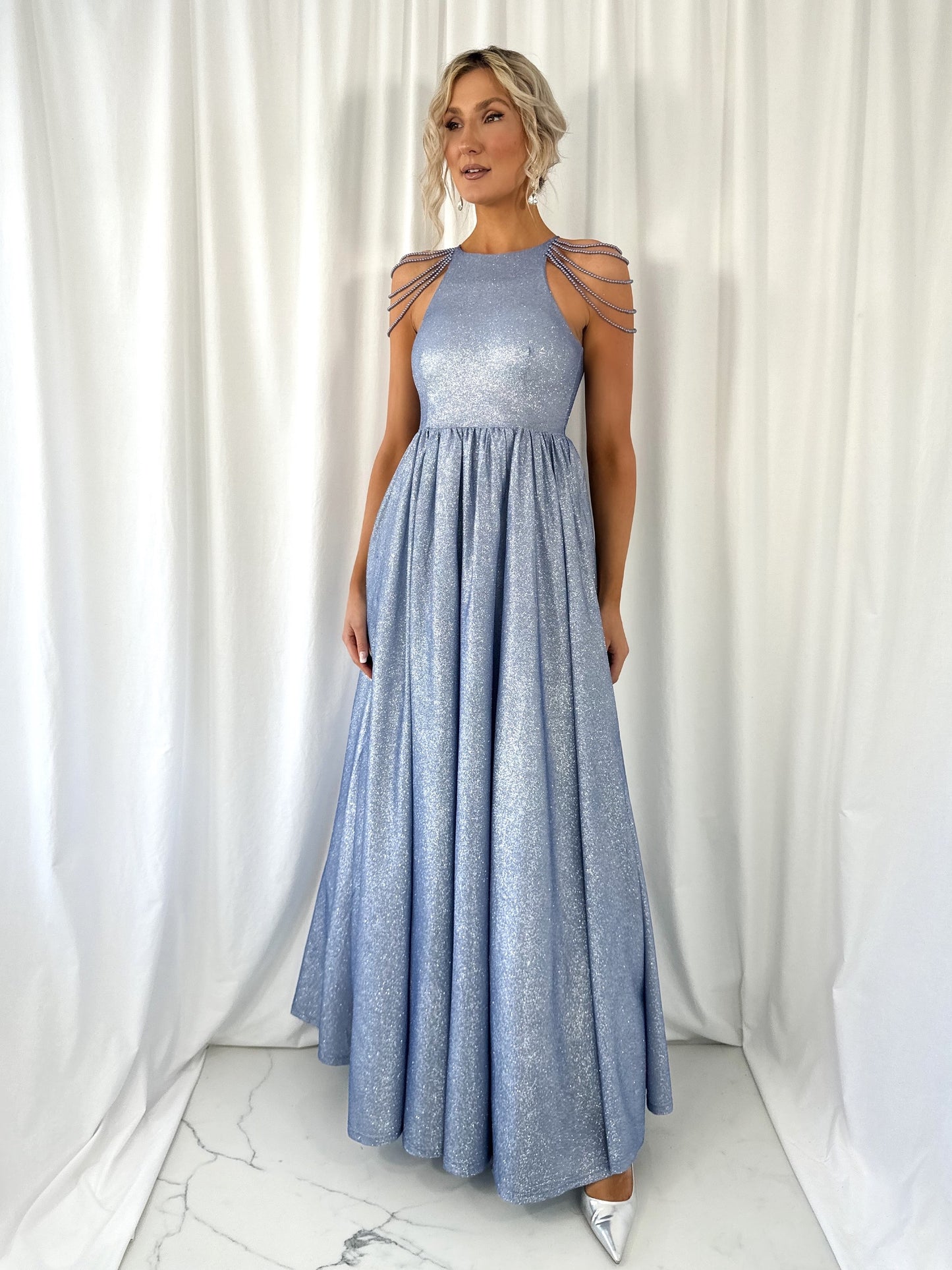 Annabelle Maxi Bright Dress with Chains Over The Shoulder - Blue