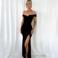 Vicky Velvet Dress with Open Slit - Black