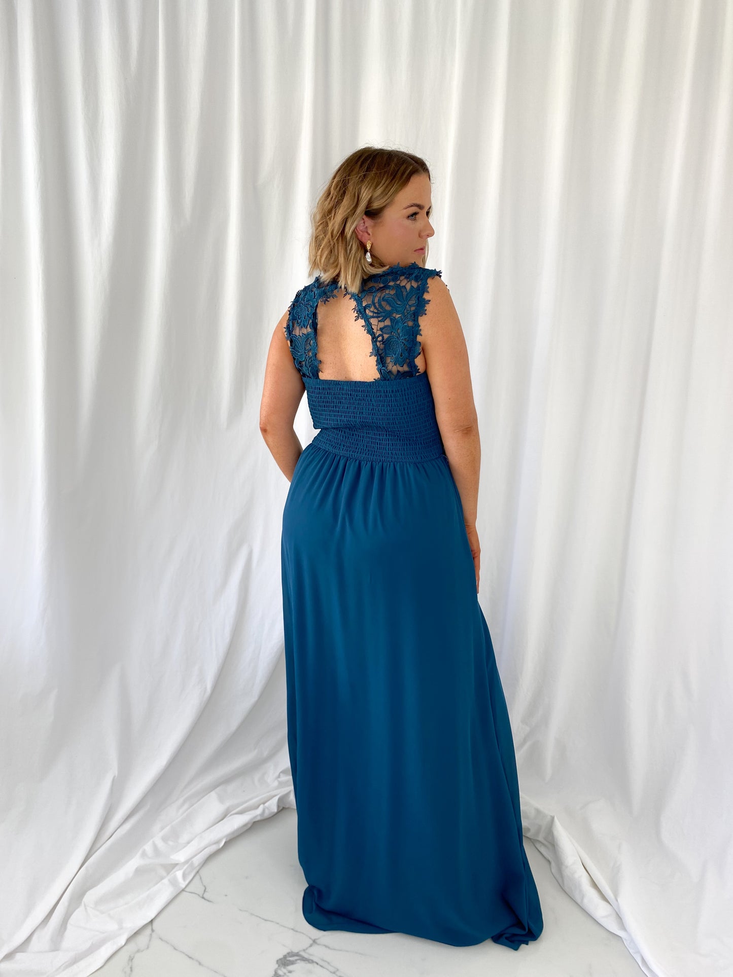 Laetitia Maxi Dress with Embroidered Top - Petrol Blue