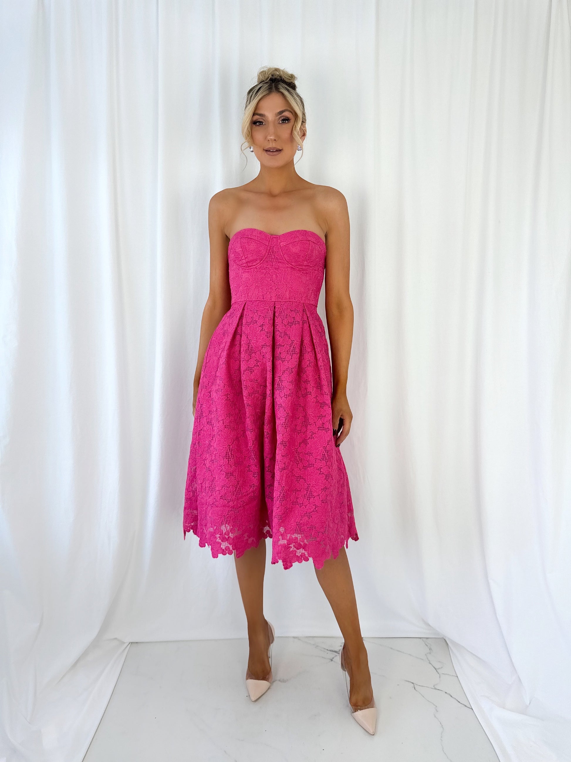 Salma Embroidered Off The Shoulder Midi Dress - Fuchsia Salma Embroidered Off The Shoulder Midi Dress - Fuchsia
