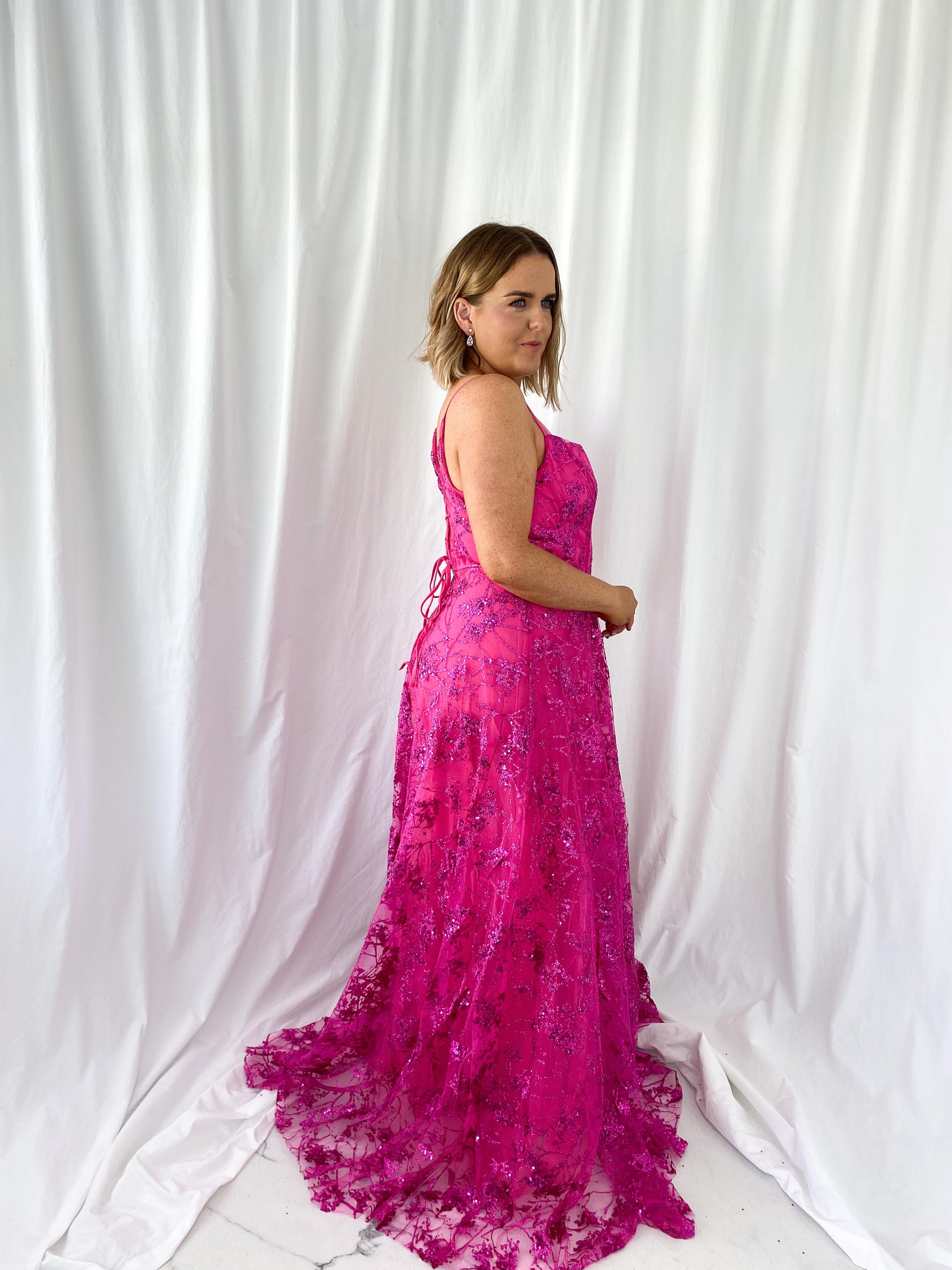 Lena Embroidered Sheer Maxi Dress - Fuchsia Lena Embroidered Sheer Maxi Dress - Fuchsia