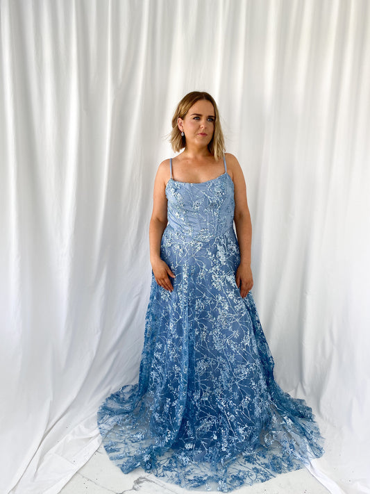 Lena Embroidered Sheer Maxi Dress - Blue