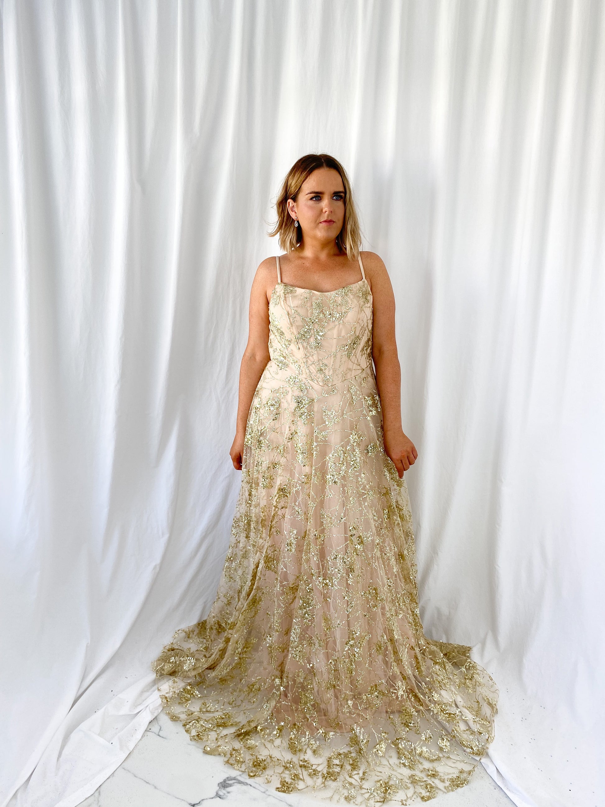 Lena Embroidered Sheer Maxi Dress Gold - Main Image