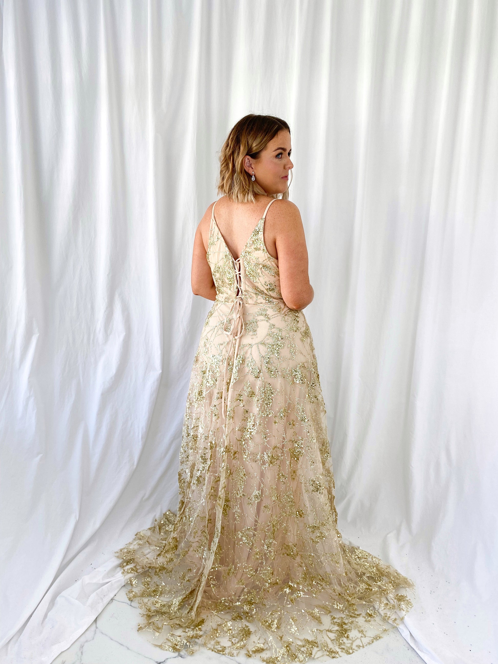 Lena Embroidered Sheer Maxi Dress - Gold Lena Embroidered Sheer Maxi Dress - Gold