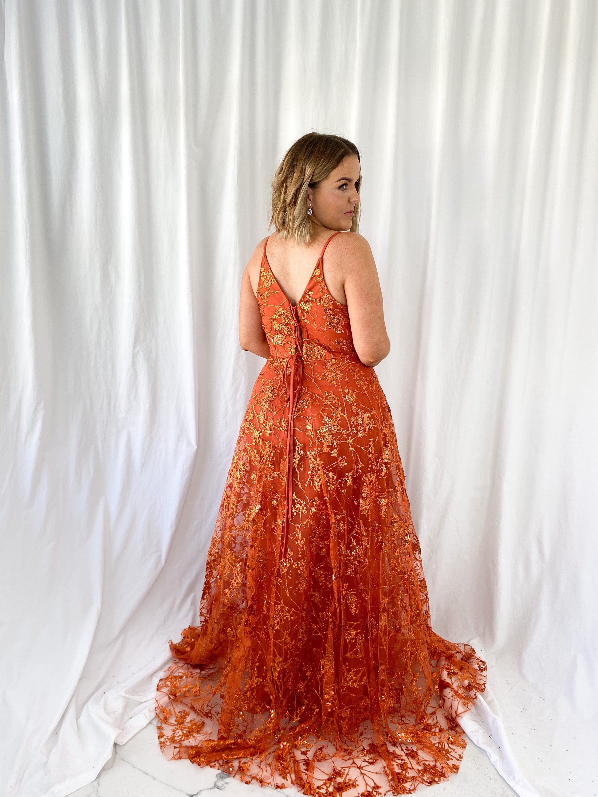 Lena Embroidered Sheer Maxi Dress - Rust Lena Embroidered Sheer Maxi Dress - Rust