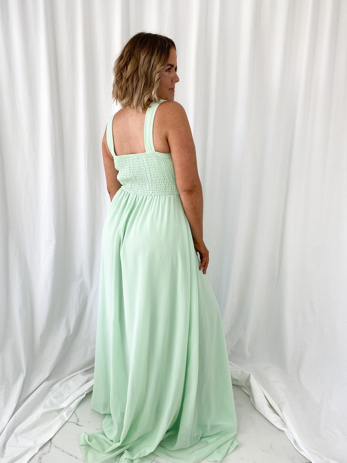 Darlene Maxi Dress with Open Slit - Light Green