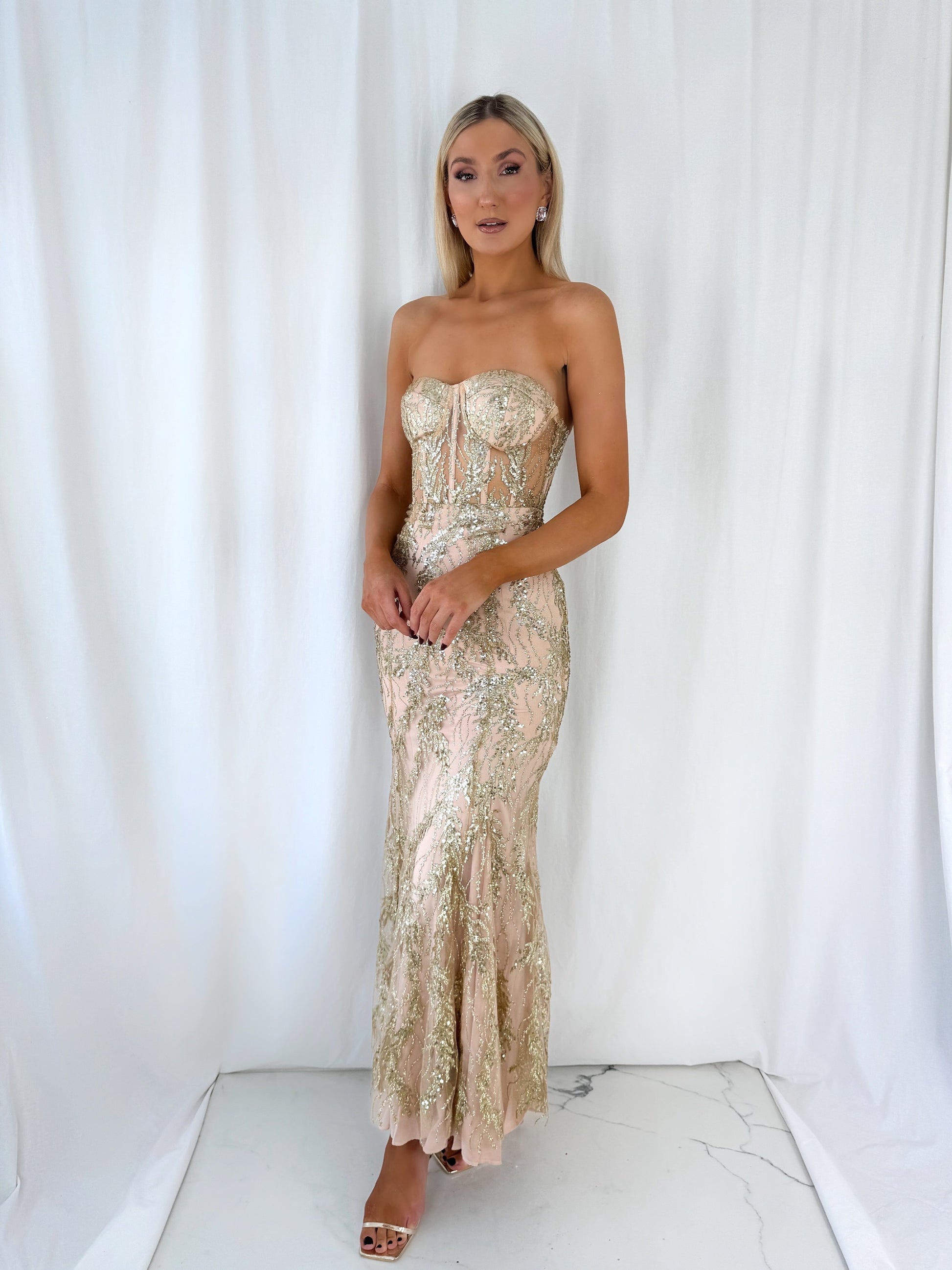 Marissa Embroidered Sheer Top Maxi Dress - Gold mykindofdress Marissa Embroidered Sheer Top Maxi Dress - Gold mykindofdress