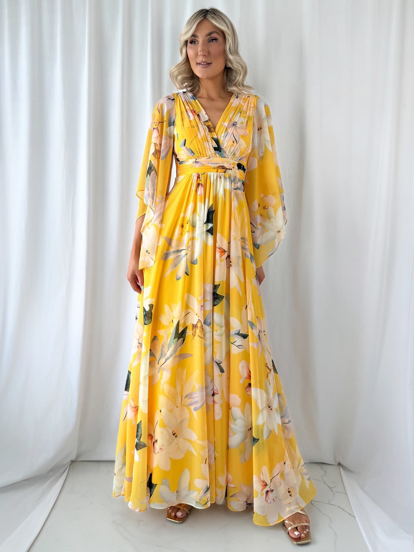 Natalia Maxi Floral Dress with Bell Sleeves - Yellow