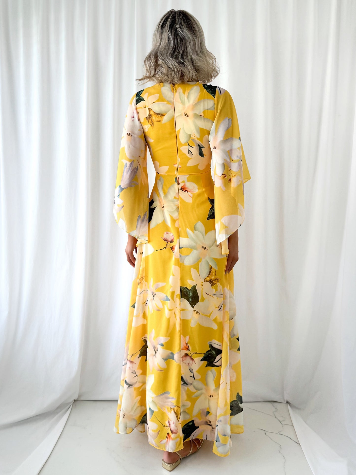 Natalia Maxi Floral Dress with Bell Sleeves - Yellow