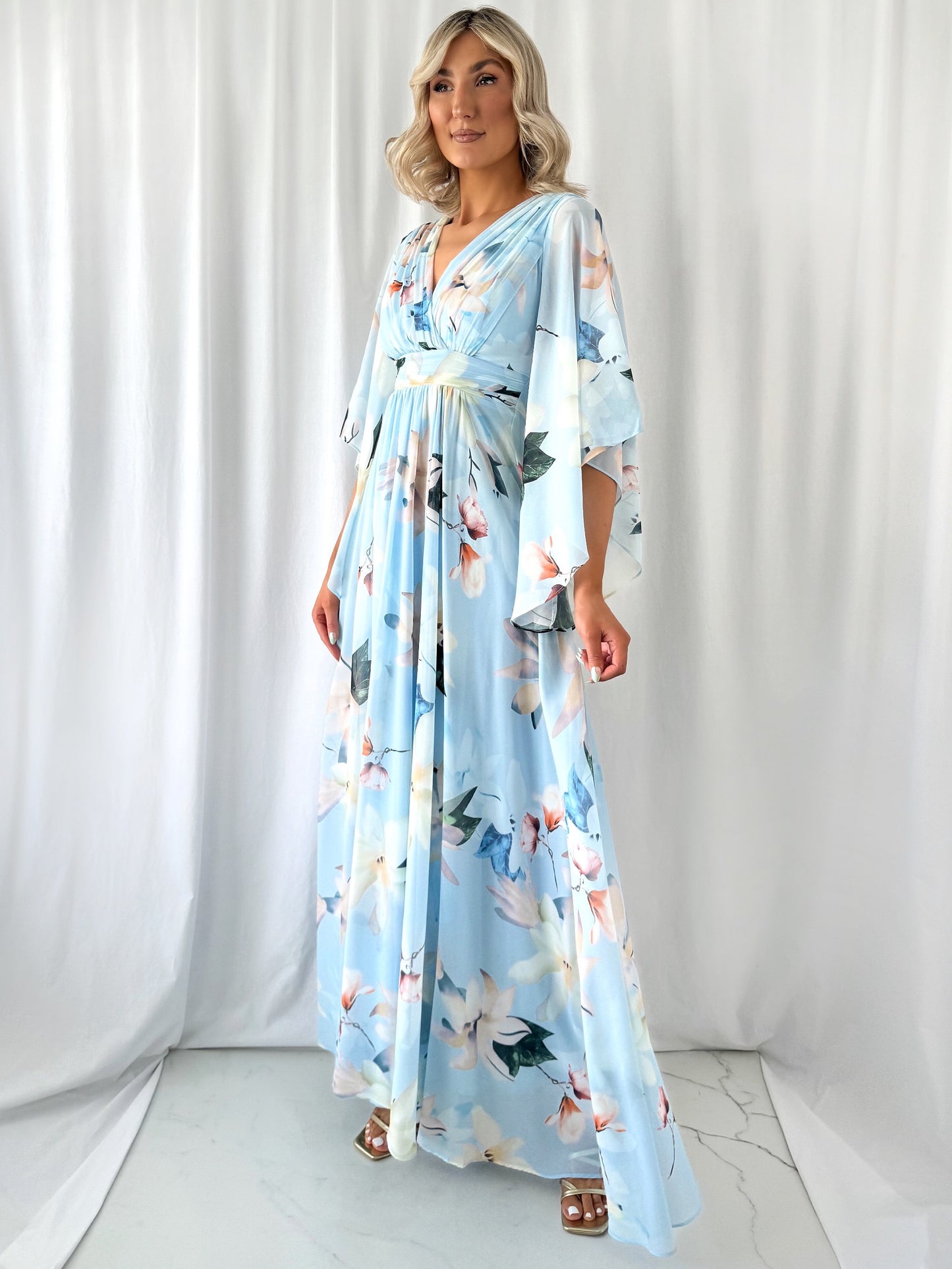 Natalia Maxi Floral Dress with Bell Sleeves - Light Blue
