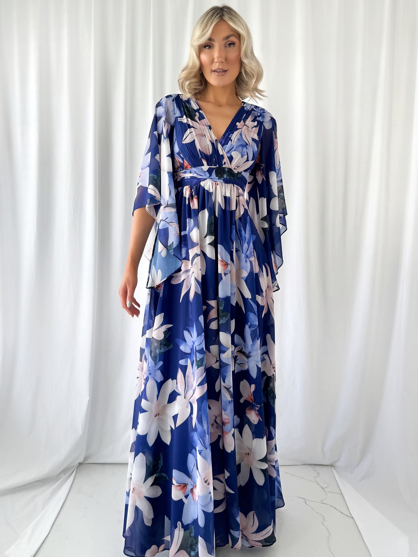 Natalia Maxi Floral Dress with Bell Sleeves - Navy