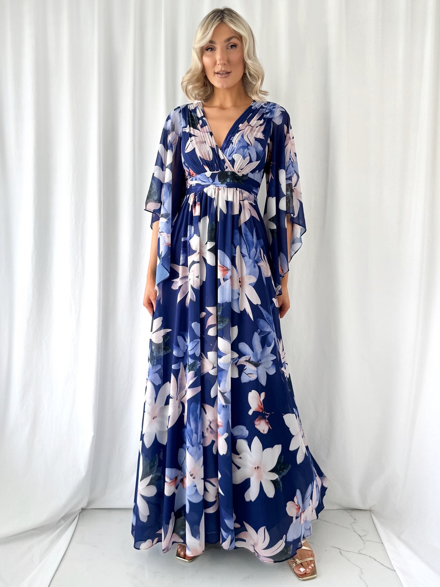 Natalia Maxi Floral Dress with Bell Sleeves - Navy