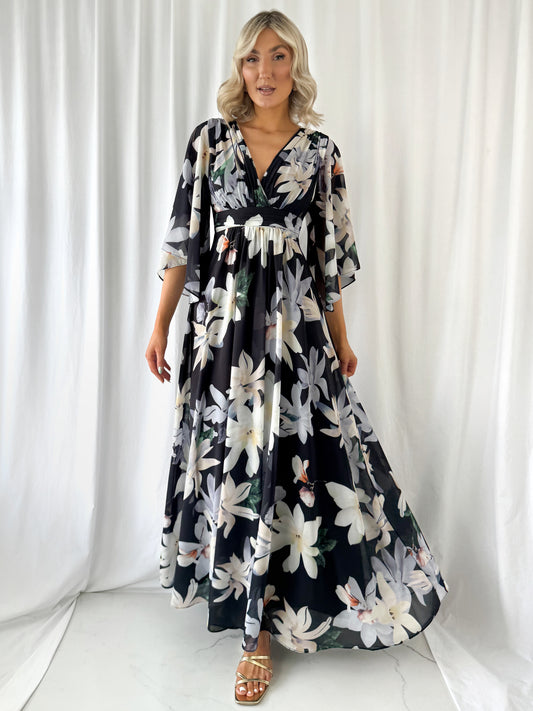 Natalia Maxi Floral Dress with Bell Sleeves - Black
