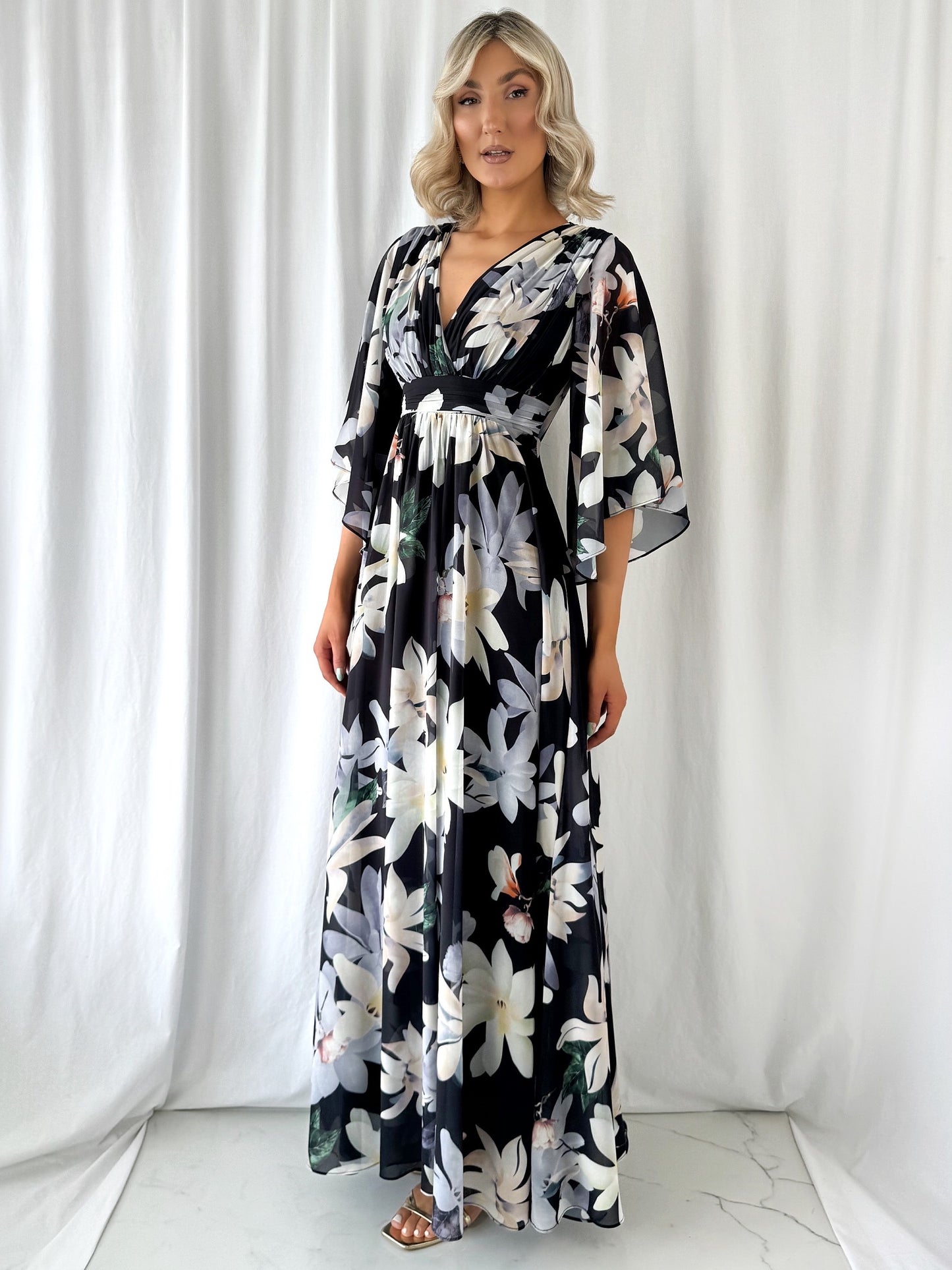 Natalia Maxi Floral Dress with Bell Sleeves - Black