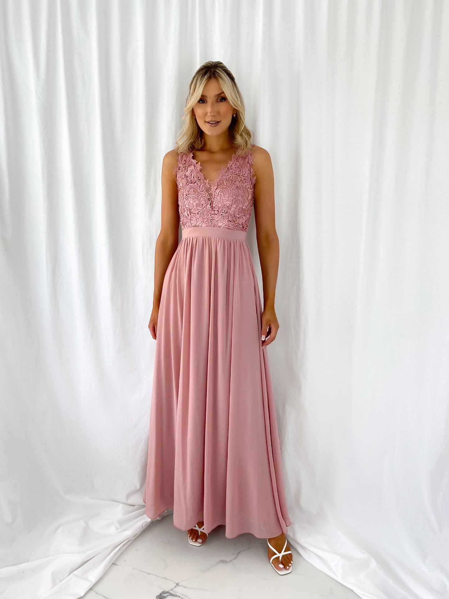Telma Broderie Top Pleated Maxi Dress - Old Rose